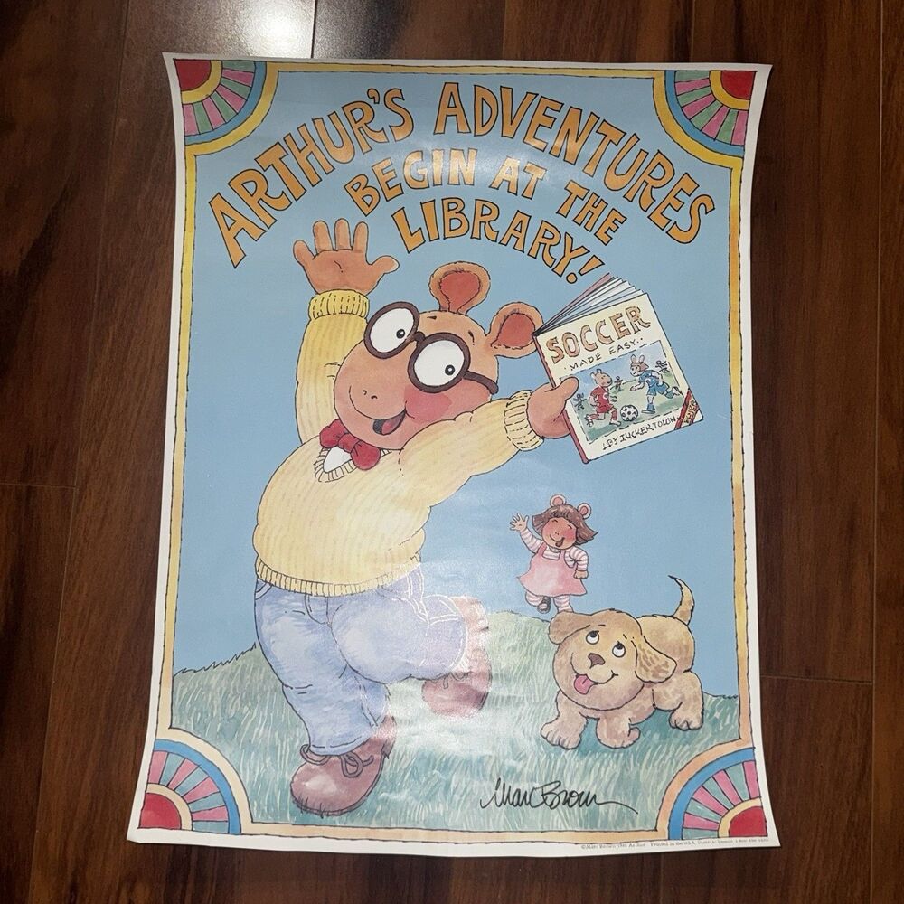Vintage 1995 Arthur Library Poster SIGNED Marc Brown Arthur’s Adventures Begin